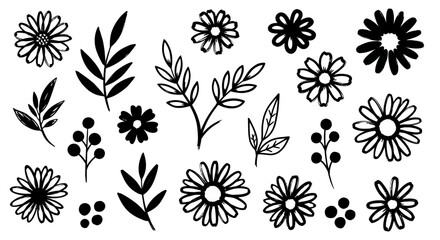 Hand-drawn botanical design elements collection, perfect for spring and summer projects, featuring various flowers, leaves, and berries in a delightful doodle style