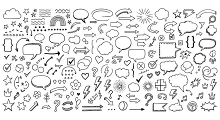 Versatile hand-drawn doodle elements set with speech bubbles, arrows, stars, and symbols for creative digital designs and visual communication projects