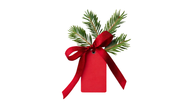 A blank red gift tag with a matching red ribbon is tied to a festive evergreen sprig perfect for holiday greetings or presents