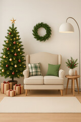 Vertical Cozy Christmas Living Room Interior with Armchair, Decorated Tree, Wreath and Gifts – Warm Scandinavian Holiday Home Décor with Minimalist Style and Soft Lighting