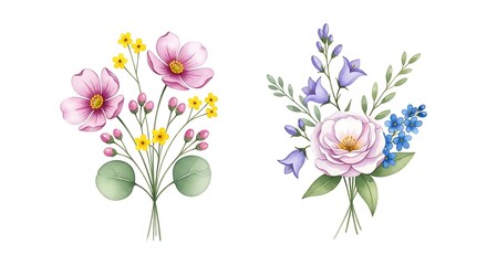 Watercolor floral bouquets isolated on white background, perfect for adding a touch of nature to your designs