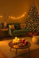 Vertical Cozy Dark Christmas Living Room Interior with Glowing Tree, Candles, Sofa and Gifts – Warm Festive Holiday Home Décor with Soft Lighting and Scandinavian Hygge Ambience