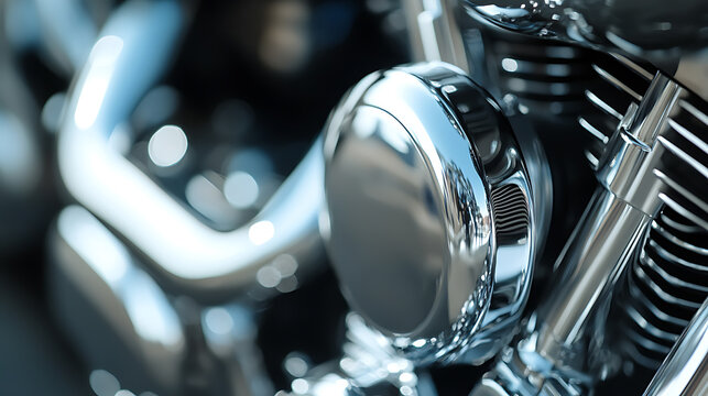 Close-up shot of a motorcycle engine. The chrome reflects the light and nearby objects. The engine is in pristine condition and ready for a ride on the open road.