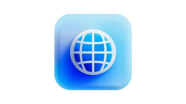 A three dimensional globe icon on a soft blue rounded square symbolizing the internet global networks and worldwide connection