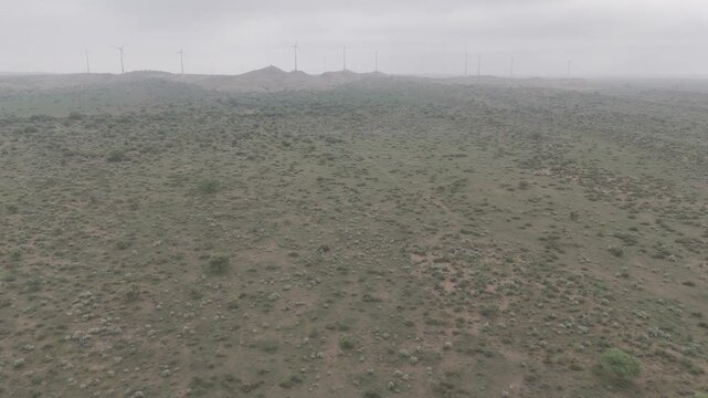 Aerial shot of Thar Desert, Jaisalmer, Rajasthan, taken on a monsoon morning after rain, showing green desert vegetation like Khejri, Rohida, and Babool trees with windmills visible in the background