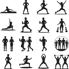 Set of Silhouette Exercising Figures in Active Positions Isolated on Backdrop