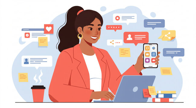 Professional Woman Managing Social Media Marketing and Digital Communication