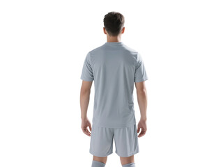 Fototapeta premium Back view of a man in light gray sports shirt and shorts, suitable for sports and physical exercise.