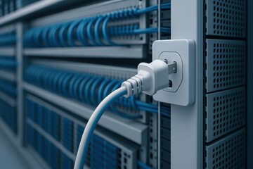 Connecting Power Cable To Network Server Rack For Data Center Operations