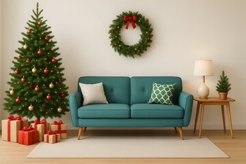 Cozy Christmas Living Room Interior with Blue Sofa, Decorated Tree, Wreath and Gifts – Warm Scandinavian Holiday Home Décor with Soft Lighting and Minimalist Festive Style