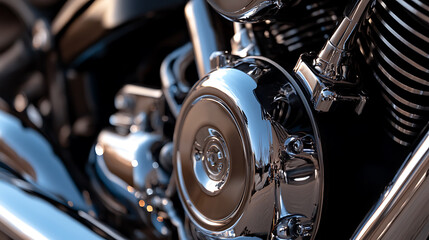 Chrome motorcycle engine gleams under the light, showcasing intricate detailing. The polished surface reflects its surroundings with impressive clarity. Captivating automotive art.