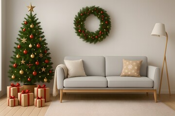 Cozy Scandinavian Christmas Living Room Interior with Decorated Tree, Wreath and Sofa – Minimalist Holiday Home Décor with Wrapped Gifts, Warm Lighting and Festive Modern Style
