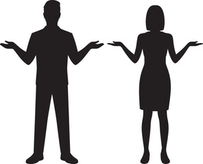 Silhouette Man and Woman with Open Palms in Doubtful Expression Isolated