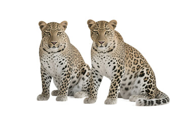 Fototapeta premium Two leopards with unique spotted coats are seated next to each other in a natural setting.