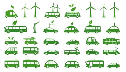 Green Transportation and Renewable Energy Icons Collection.