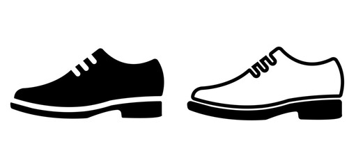 Vector illustration of black and white formal shoe icons. The first icon depicts a black dress shoe, while the second showcases the same shoe design in white. Ideal for clothing, fashion, or footwear 