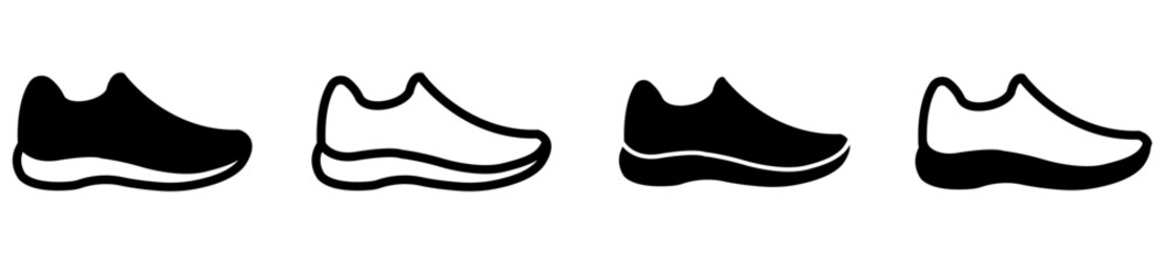 Set of Vector illustration of a black and white sneaker icon, depicting a simple design of a running or casual shoe, ideal for sportswear and active lifestyle illustrations.