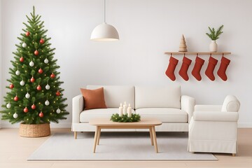 Minimalist Cozy Christmas Living Room Interior with Decorated Tree, White Sofa, Red Stockings and Modern Table – Scandinavian Holiday Home Décor with Bright Natural Light and Warm Festive Mood
