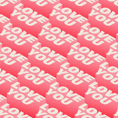 Romantic pink love pattern with bold “love you” typography in a repeating 3D design poster, cards, banner