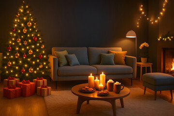 Cozy Dark Christmas Living Room Interior with Glowing Tree, Candles, Fireplace and Gifts – Warm Festive Holiday Home Décor with Soft Lighting and Elegant Scandinavian Style