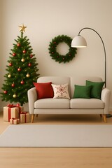 Vertical Cozy Christmas Living Room Interior with Decorated Tree, Gifts, Sofa and Wreath – Warm Festive Holiday Home Decor for Mobile Background, Poster or Vertical Display Design