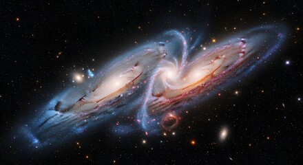 A breathtaking view of two spiral galaxies colliding in deep space, creating a spectacular cosmic dance of stars and nebulae