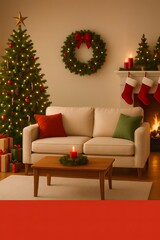 Warm Cozy Christmas Living Room Interior with Decorated Tree, Fireplace, Wreath and Stockings – Festive Holiday Home Décor with Candles, Gifts and Scandinavian Comfort Vibes