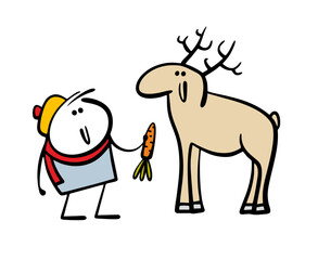 Doodle friendly man feeds a reindeer. Vector illustration of a child at the zoo or in nature giving a carrot to a wild animal with horns.