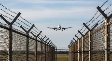 Airplane approaching for landing, seen through a fence with barbed wire, under a bright sky.