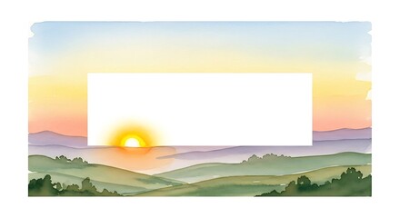Watercolor landscape with mountains, sunrise, and empty frame isolated on white background, perfect for adding your own text