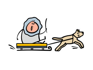 Cartoon northern man in a warm fur coat and a fur collar rides a sleigh through the snow. Vector illustration of a dog carrying its owner. Alaska or northern Russia, Iceland.