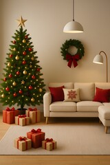 Vertical Christmas Living Room with Decorated Tree, Gifts, Cozy Sofa, Festive Wreath – Vertical Mobile-Size Image