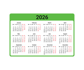 2026 Calendar Grid With Green Border And White Background On Transparent Background