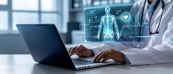 Doctor in white coat using laptop with holographic medical interface showing human body and health data charts. Concept of digital medicine, healthcare innovation, telemedicine, and AI medical.
