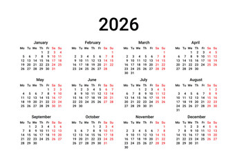 2026 Calendar Grid With Black Text On Transparent Background