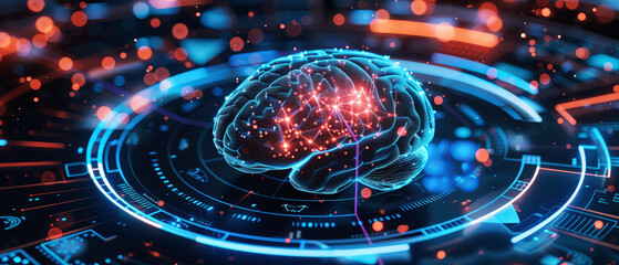 Futuristic 3D hologram of a human brain with glowing neural connections and data streams. Concept of artificial intelligence, neuroscience, and digital innovation in technology and medicine.