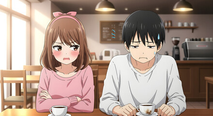 Cute pouting anime couple, romantic comedy style