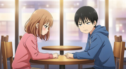 Cute pouting anime couple, romantic comedy style