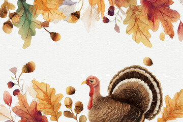 Watercolor Thanksgiving illustration with turkey, fall leaves and acorns on white paper texture. Copy space in center for text. For greeting cards, banners, invitations, ads, seasonal design projects
