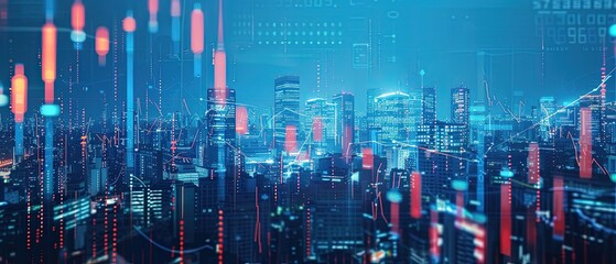 Futuristic city skyline at night with glowing skyscrapers and abstract digital financial graphs overlay. Concept of fintech, smart economy, investment, blockchain, stock market and modern technology.