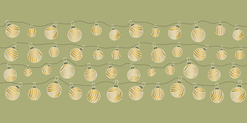 Winter holiday seamless pattern Border with golden decorated Christmas balls on strings on green background. Vector illustration design for prints, postcards and gift boxes.