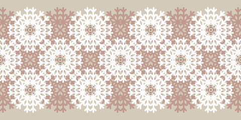 Beautiful Christmas seamless vector snowflake Border on beige background. Monochrome seasonal pattern for wrapping paper, greeting cards, invitations and gift boxes.