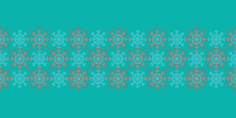 Beautiful Christmas seamless vector snowflake Border on blue background. Colourful seasonal pattern for wrapping paper, greeting cards, invitations, gift boxes and web background.