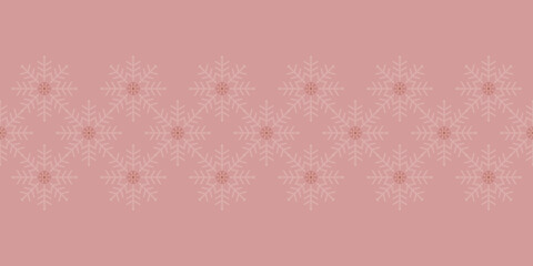 Elegant pink monochrome seamless snow flake Border with small red snow flakes. Seasonal vector illustration for wrapping paper, greeting cards, posters, web backgrounds and stationery.
