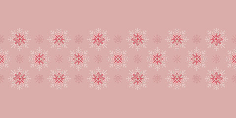 Elegant pink monochrome seamless snow flake Border with red and white snow flakes. Seasonal vector illustration for wrapping paper, greeting cards, posters, web backgrounds and stationery.