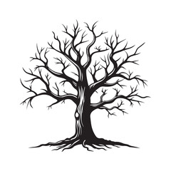 Detailed illustration of a bare deciduous tree with intricate branches and exposed roots on a white background