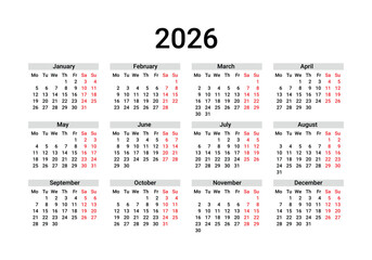 2026 Yearly Calendar Grid With Red Sundays January On Transparent Background