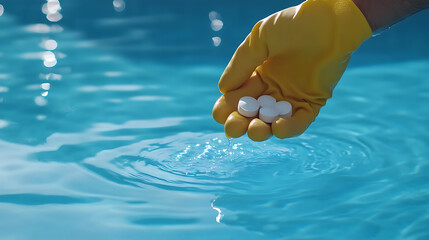 A yellow-gloved hand holds water purification tablets above a bright blue swimming pool. Droplets fall back into the water, creating ripples. The tablets are small and white.