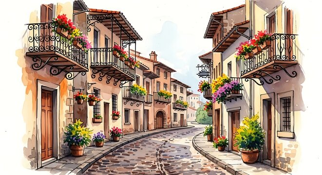 Charming italian street with colorful flowers and buildings, watercolor painting isolated on white background