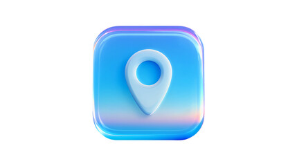 A glossy blue 3D location pin icon on a rounded square button for navigation and mapping applications